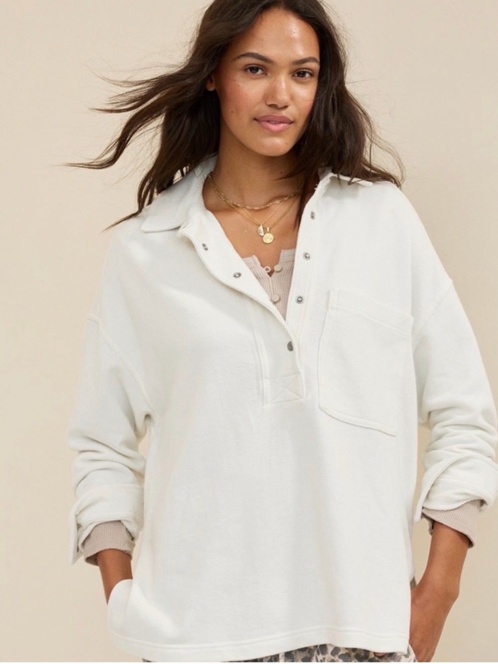 aerie Oversized Snap-Front Pullover Hoodie in White